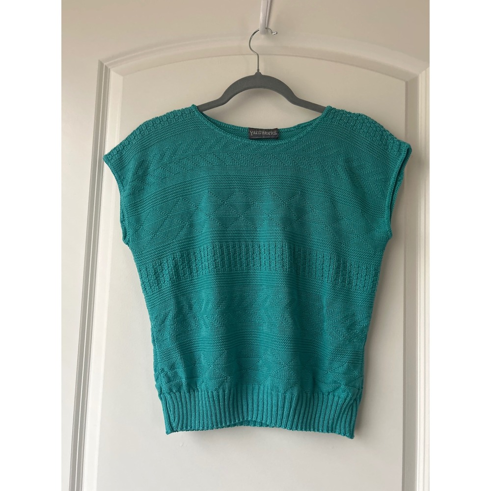 Vintage YarnWorks Teal Green Textured Knit Short Sleeve Sweater Top Crew Neck - Picture 1 of 6